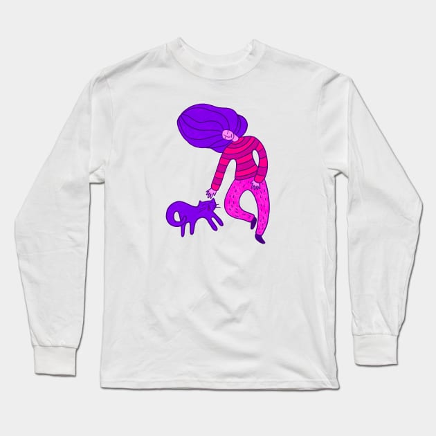 Cool girl with purple hair and purple cat walking, version 5 Long Sleeve T-Shirt by iulistration